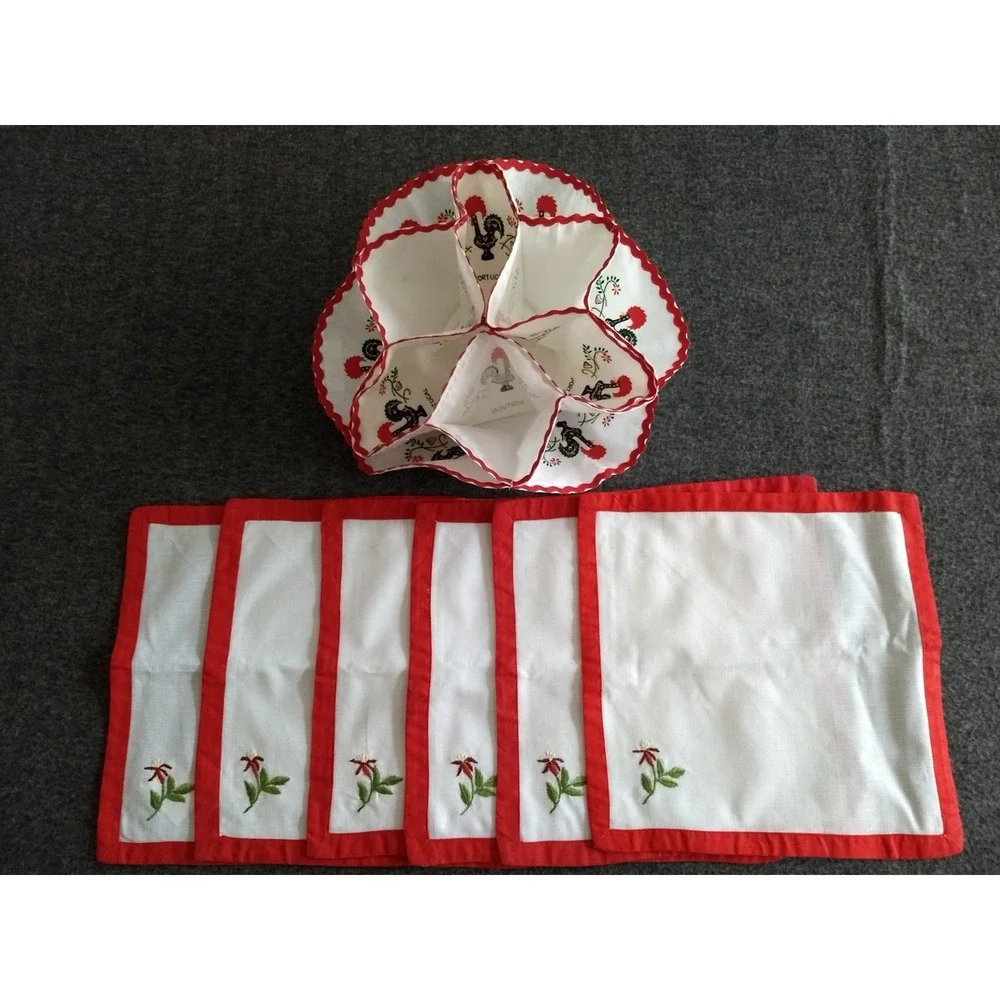 Fabric Bun Roll Biscuit Holder Warmer Rooster Portugal Embroidered Linen Napkins